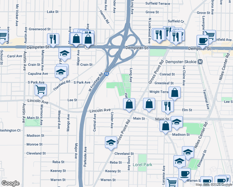 map of restaurants, bars, coffee shops, grocery stores, and more near 8431 Lotus Avenue in Skokie