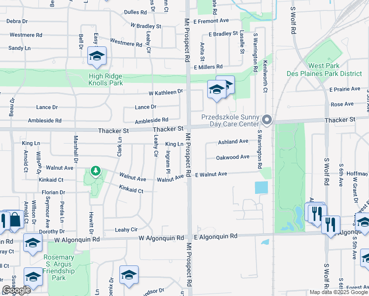 map of restaurants, bars, coffee shops, grocery stores, and more near 23 King Lane in Des Plaines