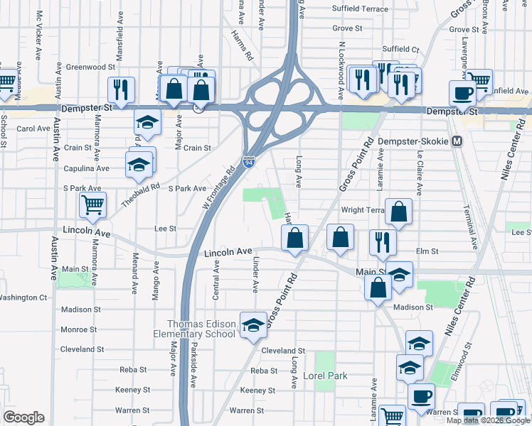 map of restaurants, bars, coffee shops, grocery stores, and more near 8541 Lotus Avenue in Skokie