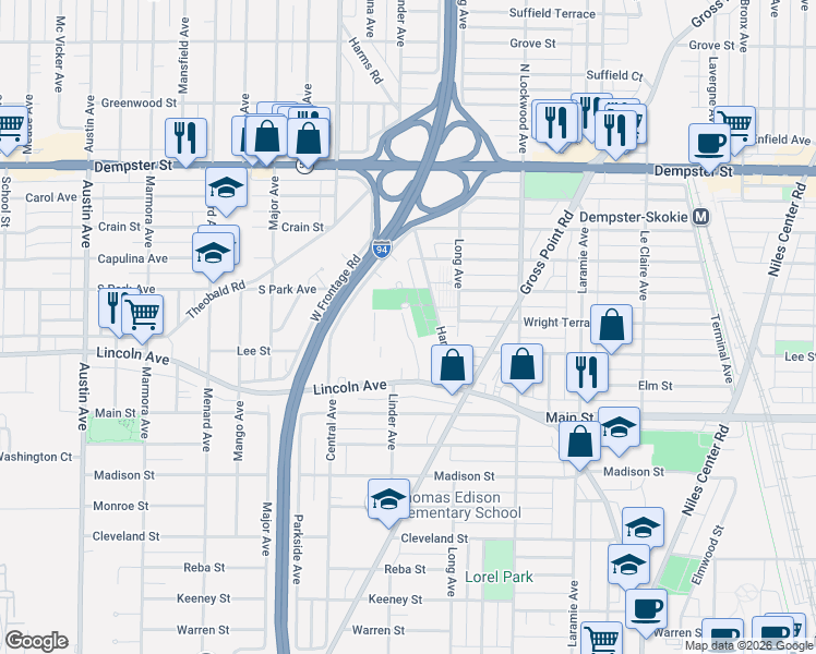 map of restaurants, bars, coffee shops, grocery stores, and more near 8541 Lotus Avenue in Skokie