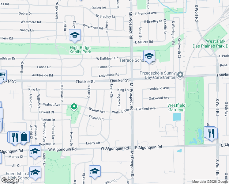 map of restaurants, bars, coffee shops, grocery stores, and more near 105 King Lane in Des Plaines