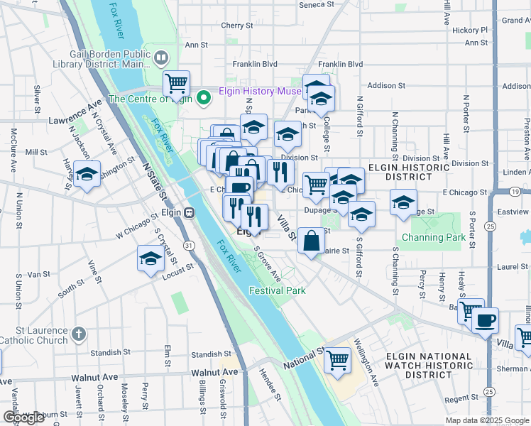 map of restaurants, bars, coffee shops, grocery stores, and more near 56 Villa Street in Elgin