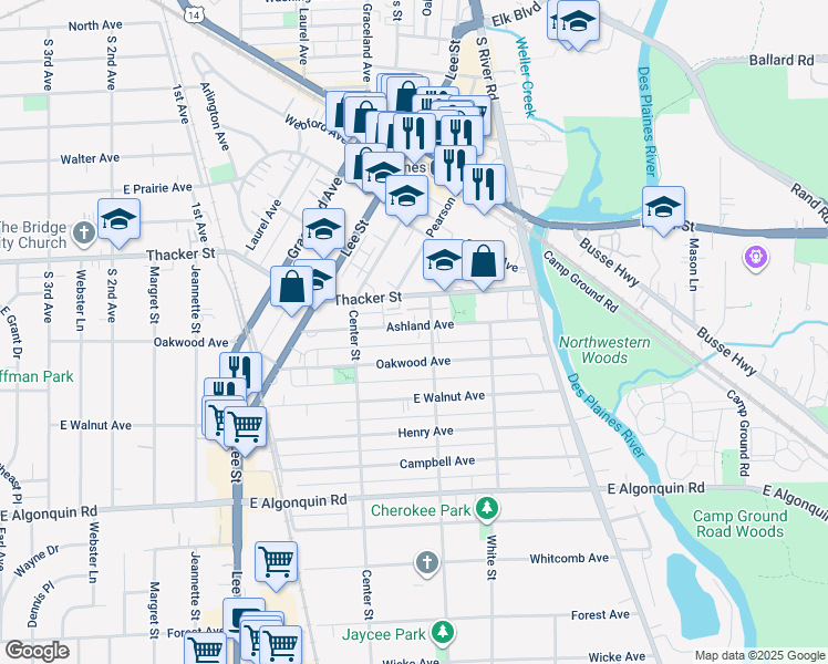 map of restaurants, bars, coffee shops, grocery stores, and more near 1475 Ashland Avenue in Des Plaines