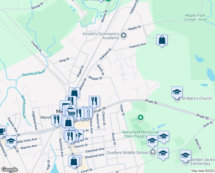 map of restaurants, bars, coffee shops, grocery stores, and more near 314 Hope Street in Mansfield