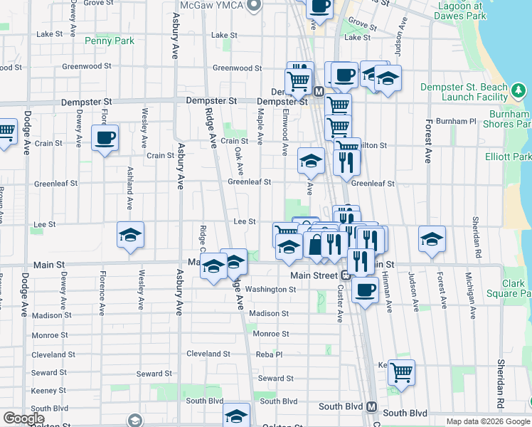 map of restaurants, bars, coffee shops, grocery stores, and more near 1000 Maple Avenue in Evanston