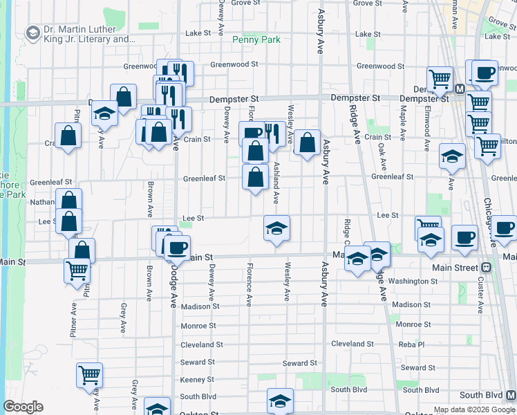 map of restaurants, bars, coffee shops, grocery stores, and more near 1527 Lee Street in Evanston