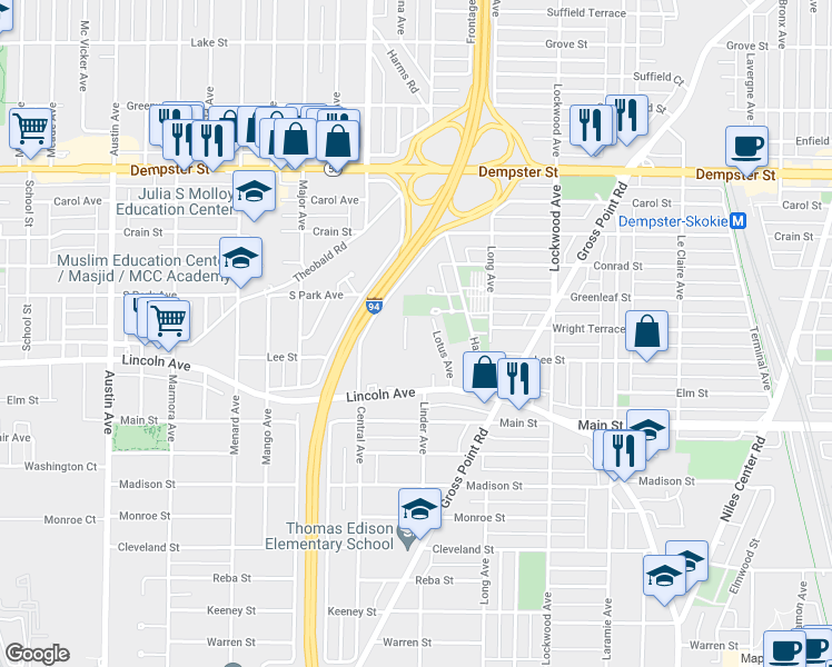 map of restaurants, bars, coffee shops, grocery stores, and more near 8508 Hamilton Drive in Skokie