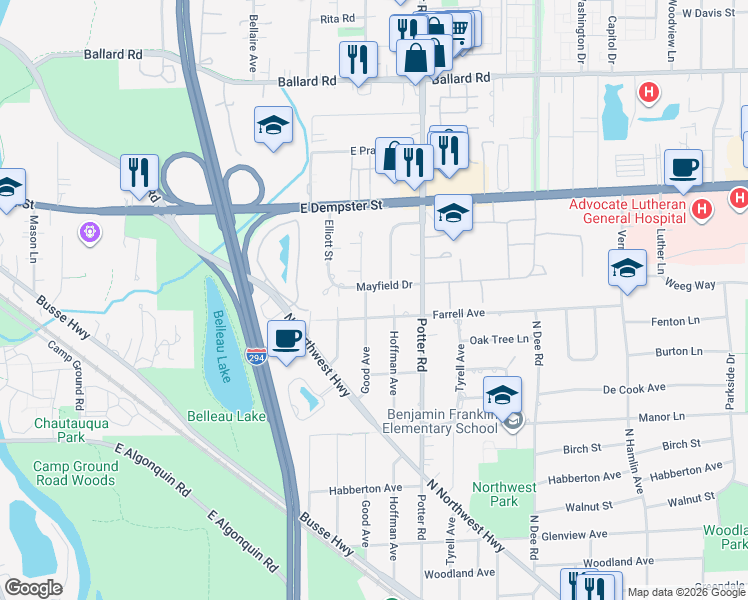 map of restaurants, bars, coffee shops, grocery stores, and more near 1606 Good Avenue in Park Ridge