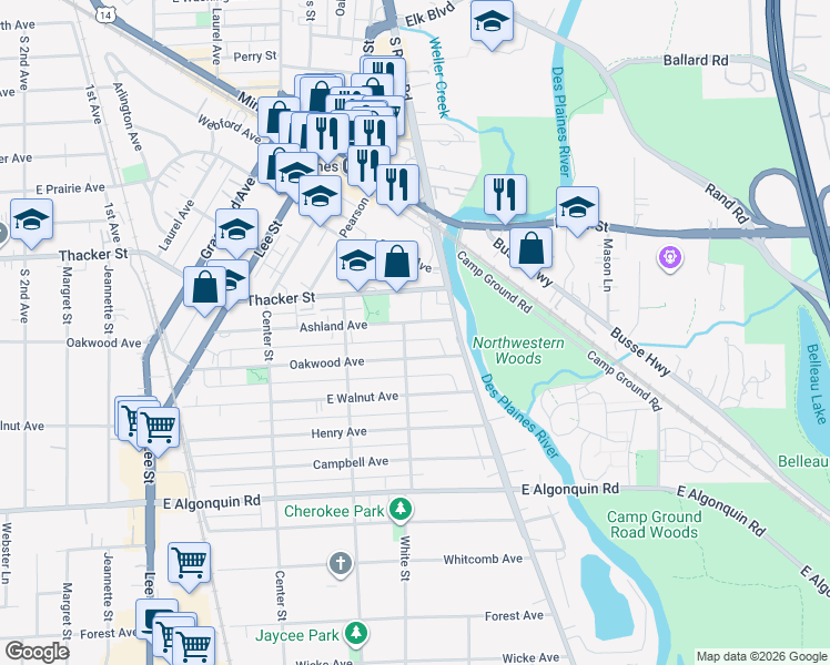 map of restaurants, bars, coffee shops, grocery stores, and more near 1649 Ashland Avenue in Des Plaines