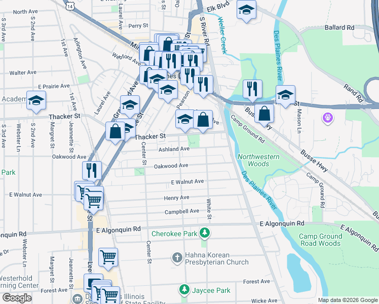 map of restaurants, bars, coffee shops, grocery stores, and more near 969 South Cora Street in Des Plaines