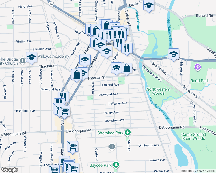 map of restaurants, bars, coffee shops, grocery stores, and more near 1457 Ashland Avenue in Des Plaines