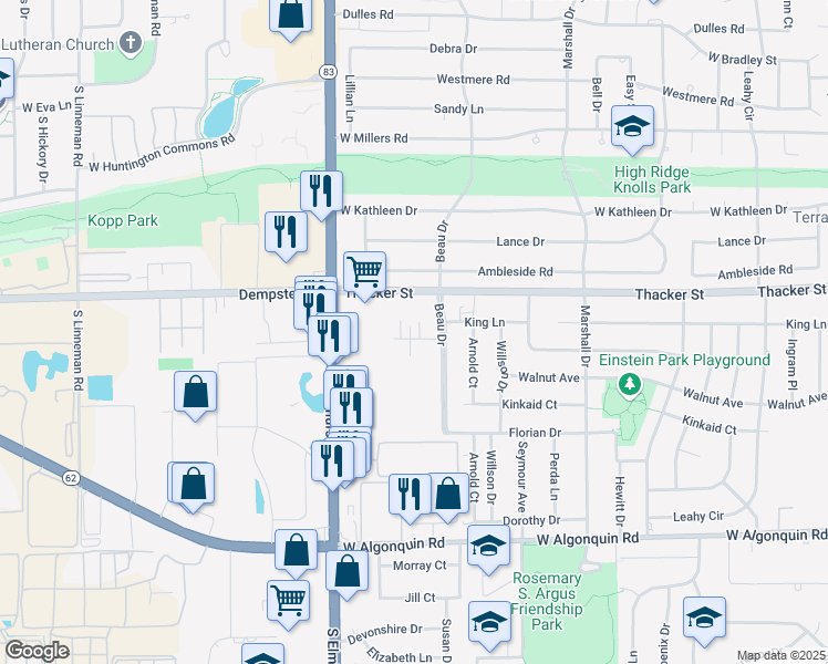 map of restaurants, bars, coffee shops, grocery stores, and more near 681 Beau Court in Des Plaines