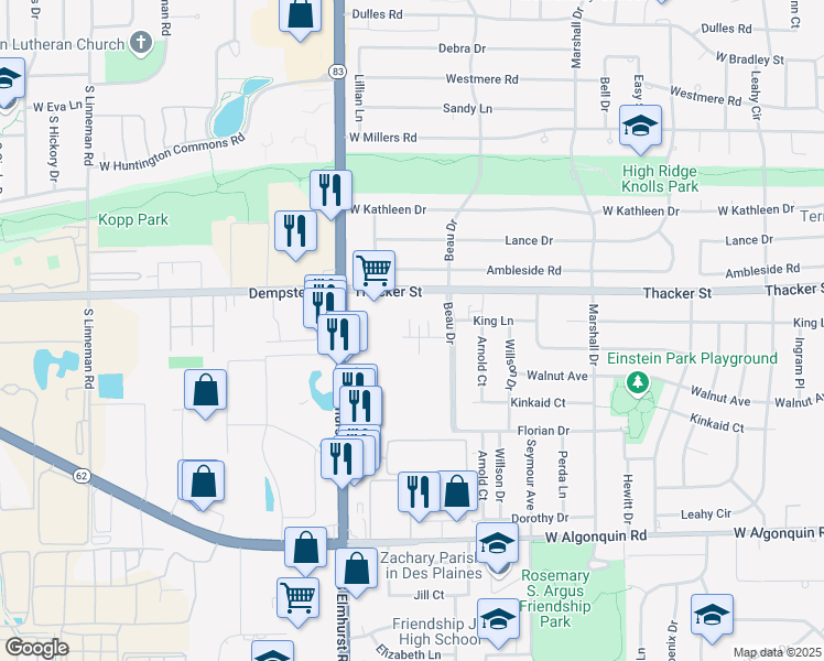 map of restaurants, bars, coffee shops, grocery stores, and more near 681 Beau Court in Des Plaines