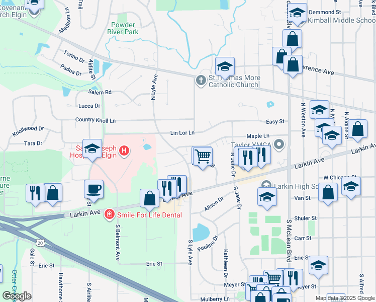 map of restaurants, bars, coffee shops, grocery stores, and more near 1723 Maple Lane in Elgin