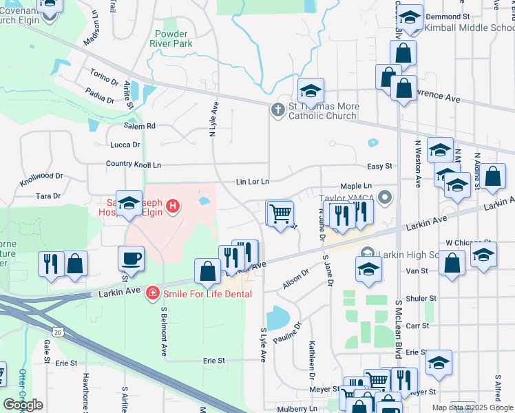 map of restaurants, bars, coffee shops, grocery stores, and more near 1723 Maple Lane in Elgin