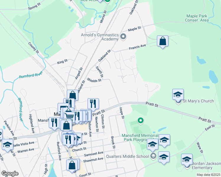 map of restaurants, bars, coffee shops, grocery stores, and more near 314 Hope Street in Mansfield