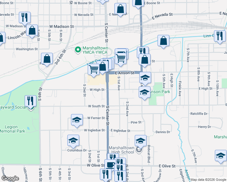 map of restaurants, bars, coffee shops, grocery stores, and more near 1001-1055 South 1st Avenue in Marshalltown