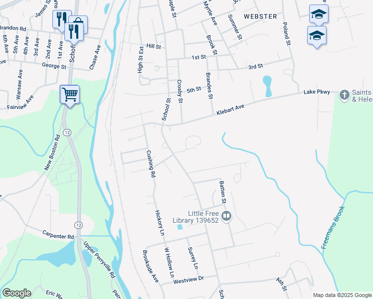 map of restaurants, bars, coffee shops, grocery stores, and more near 2 Overlook Avenue in Webster