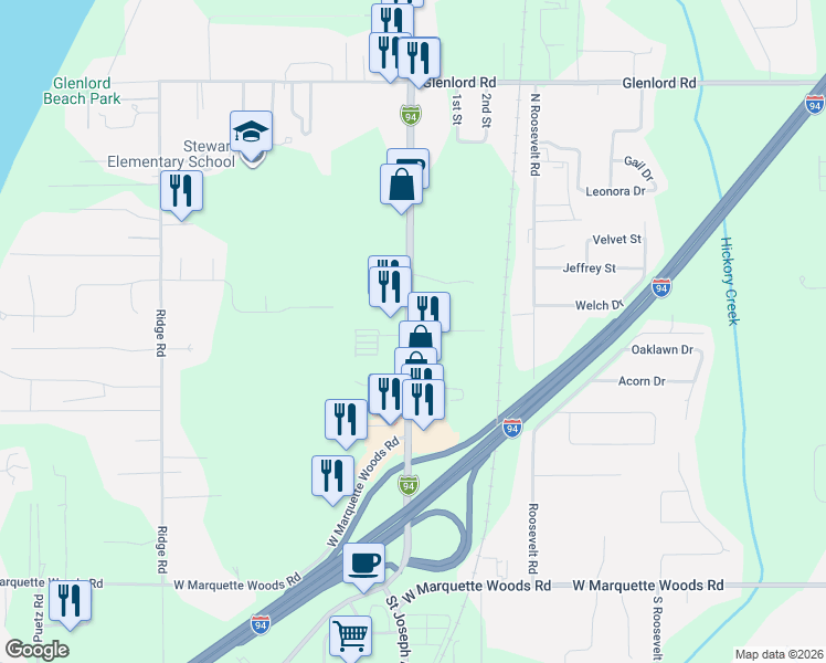 map of restaurants, bars, coffee shops, grocery stores, and more near 4661 Red Arrow Highway in Stevensville