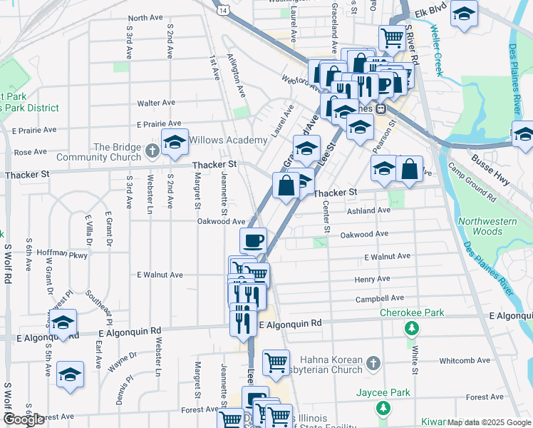 map of restaurants, bars, coffee shops, grocery stores, and more near in Des Plaines
