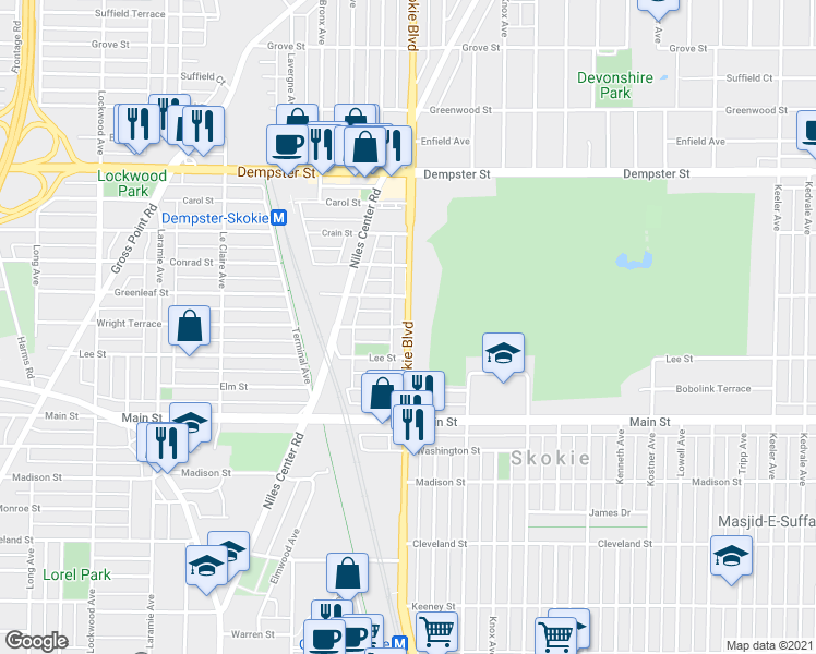 map of restaurants, bars, coffee shops, grocery stores, and more near Wright Terrace in Skokie