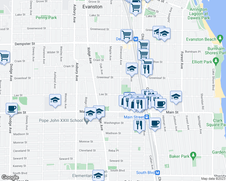 map of restaurants, bars, coffee shops, grocery stores, and more near 1000 Maple Avenue in Evanston