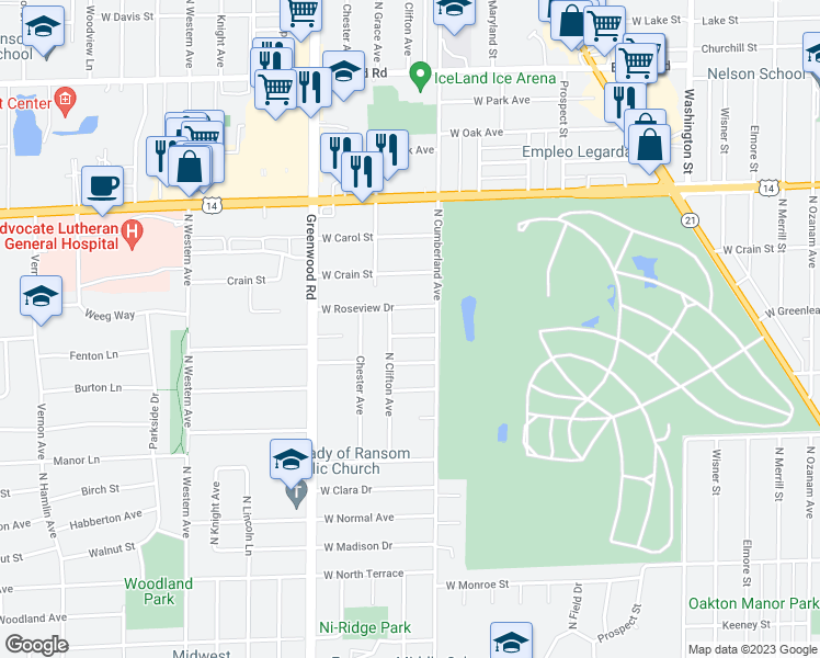 map of restaurants, bars, coffee shops, grocery stores, and more near 8426 West Johanna Drive in Niles