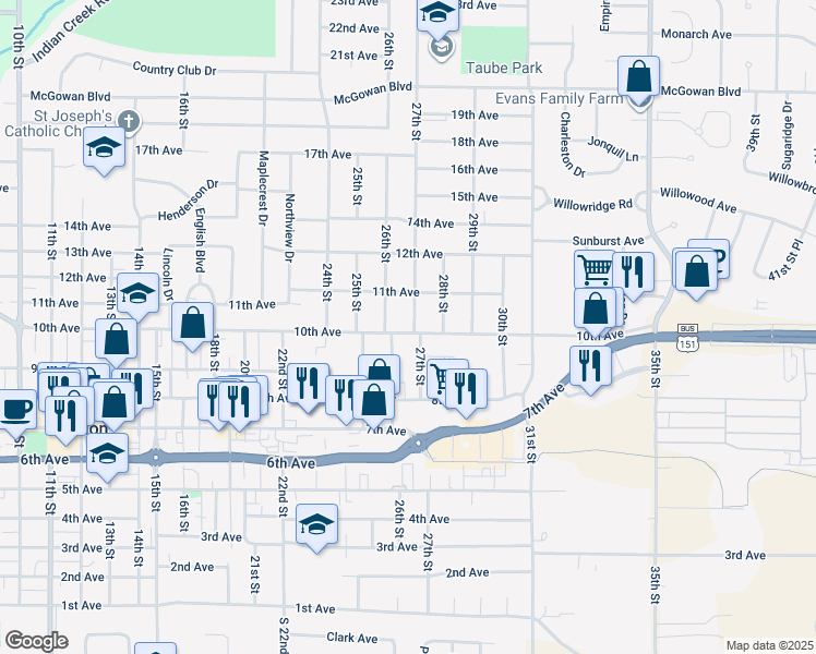 map of restaurants, bars, coffee shops, grocery stores, and more near 2601-2685 10th Avenue in Marion