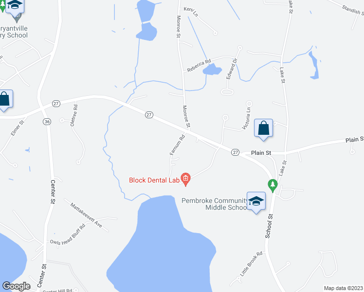 map of restaurants, bars, coffee shops, grocery stores, and more near 26 Farnum Road in Pembroke