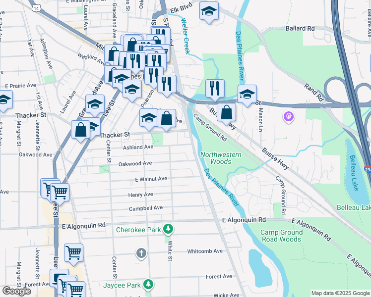 map of restaurants, bars, coffee shops, grocery stores, and more near 1649 Ashland Avenue in Des Plaines