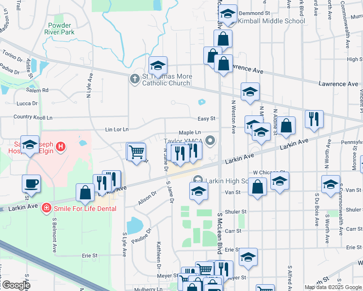 map of restaurants, bars, coffee shops, grocery stores, and more near 51 Surrey Drive in Elgin
