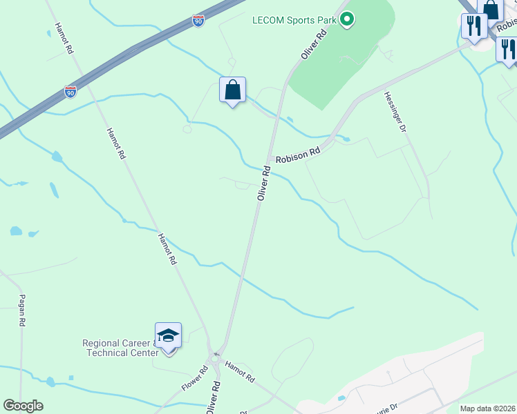 map of restaurants, bars, coffee shops, grocery stores, and more near 8355 Oliver Road in Erie