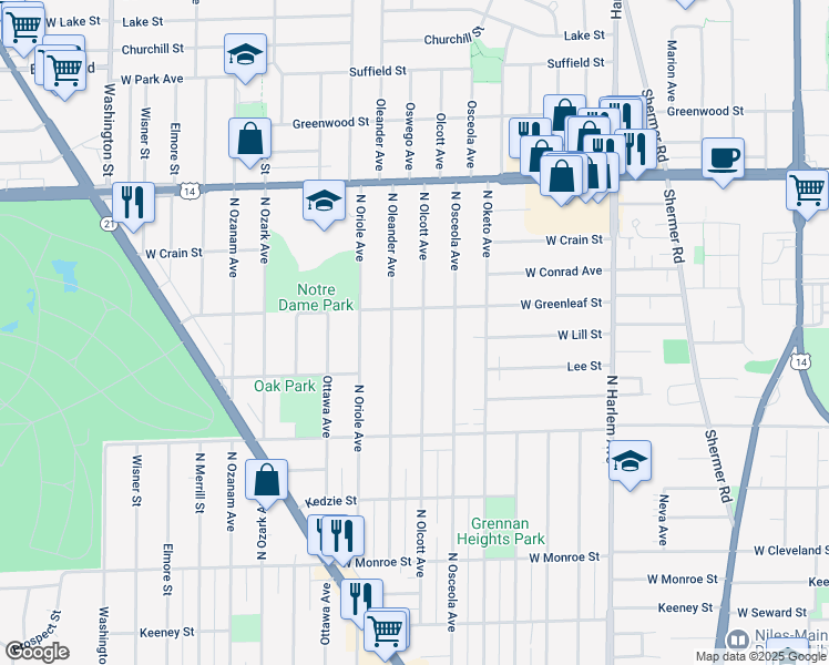 map of restaurants, bars, coffee shops, grocery stores, and more near 8527 North Oleander Avenue in Niles