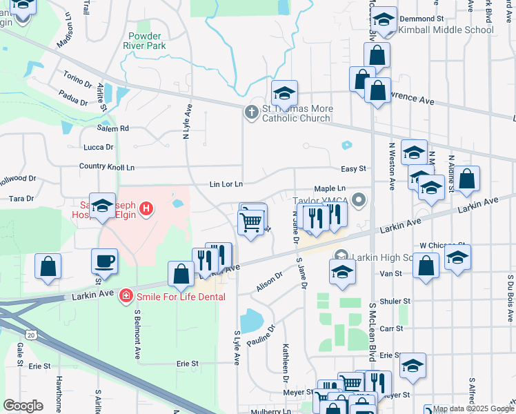 map of restaurants, bars, coffee shops, grocery stores, and more near 75 Market Street in Elgin
