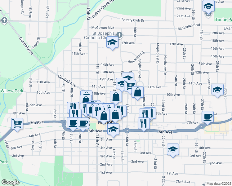 map of restaurants, bars, coffee shops, grocery stores, and more near 966 13th Street in Marion