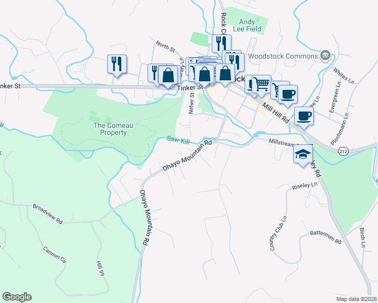 map of restaurants, bars, coffee shops, grocery stores, and more near 36-38 Ohayo Mountain Road in Woodstock
