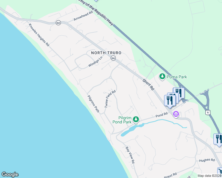 map of restaurants, bars, coffee shops, grocery stores, and more near 18 Pond Village Avenue in Provincetown