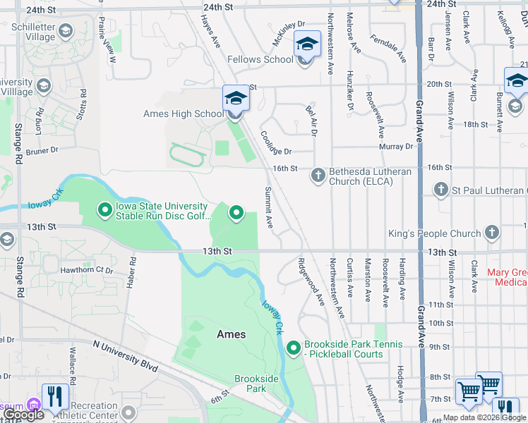 map of restaurants, bars, coffee shops, grocery stores, and more near 1427 Summit Avenue in Ames
