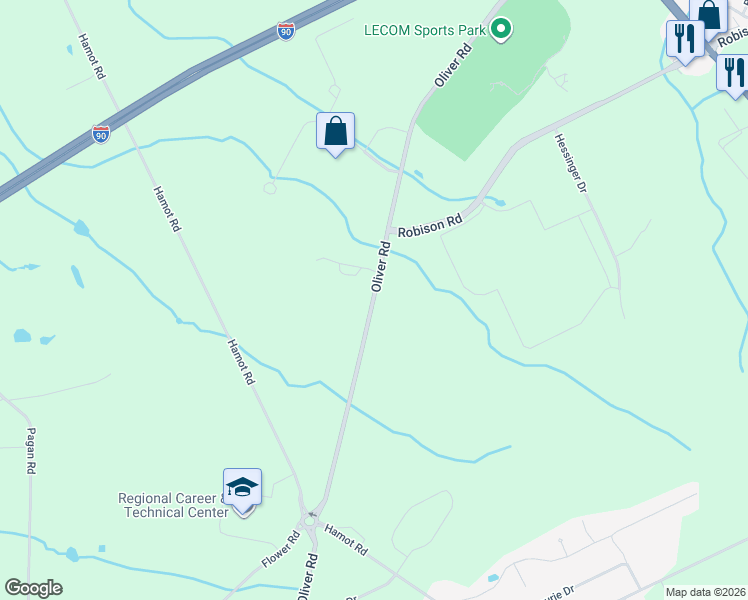 map of restaurants, bars, coffee shops, grocery stores, and more near 8355 Oliver Road in Erie