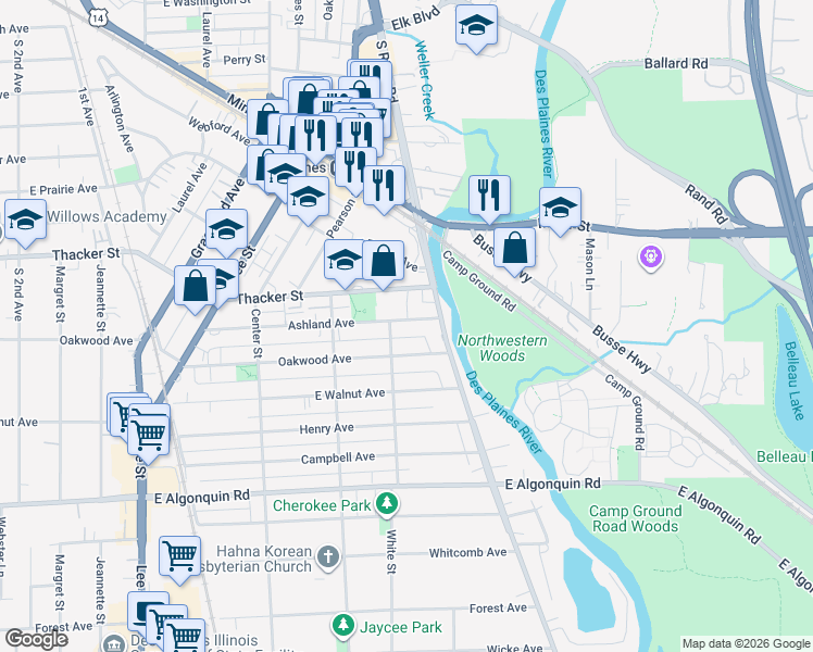 map of restaurants, bars, coffee shops, grocery stores, and more near 1649 Ashland Avenue in Des Plaines