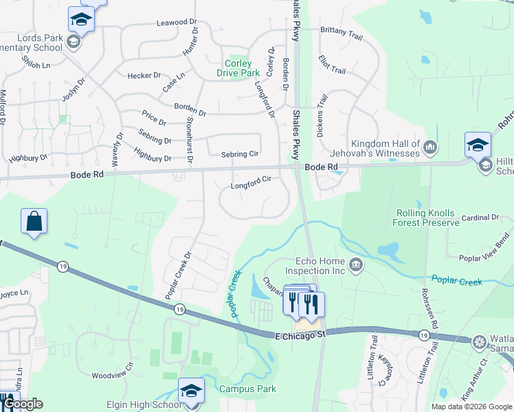 map of restaurants, bars, coffee shops, grocery stores, and more near 1338 Aspen Court in Elgin