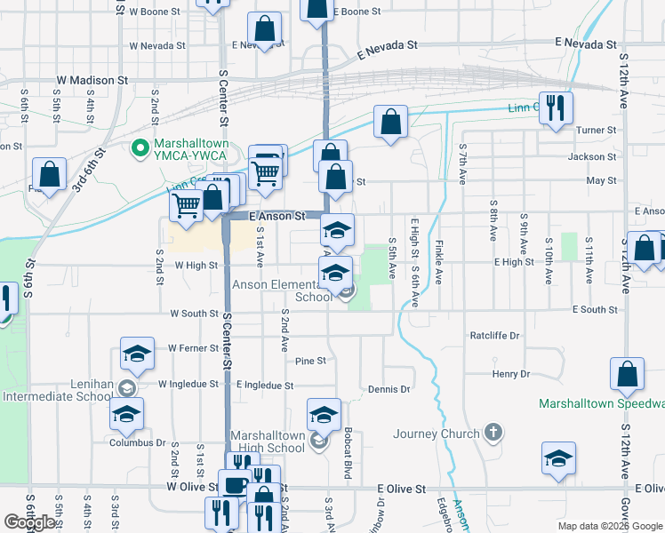 map of restaurants, bars, coffee shops, grocery stores, and more near 1002 South 3rd Avenue in Marshalltown