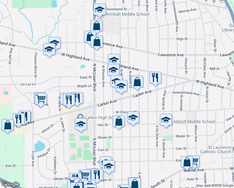 map of restaurants, bars, coffee shops, grocery stores, and more near 1212 Larkin Avenue in Elgin