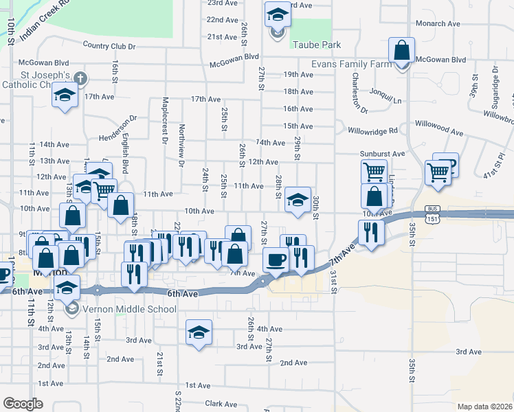 map of restaurants, bars, coffee shops, grocery stores, and more near 2601-2685 10th Avenue in Marion