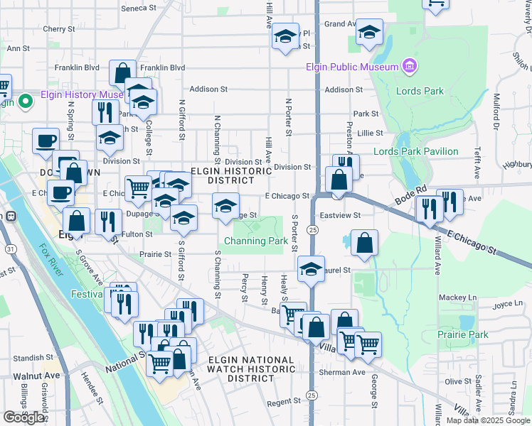 map of restaurants, bars, coffee shops, grocery stores, and more near 27 Rugby Place in Elgin