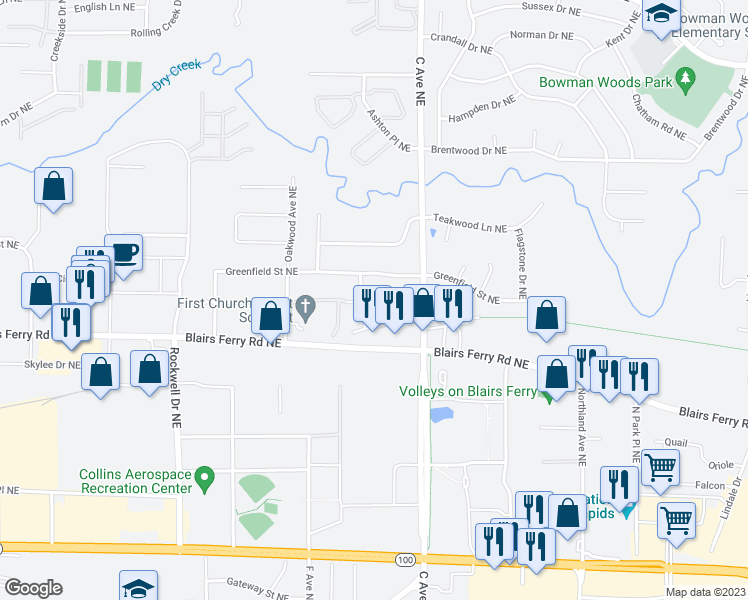 map of restaurants, bars, coffee shops, grocery stores, and more near 515 Crimson Drive Northeast in Cedar Rapids