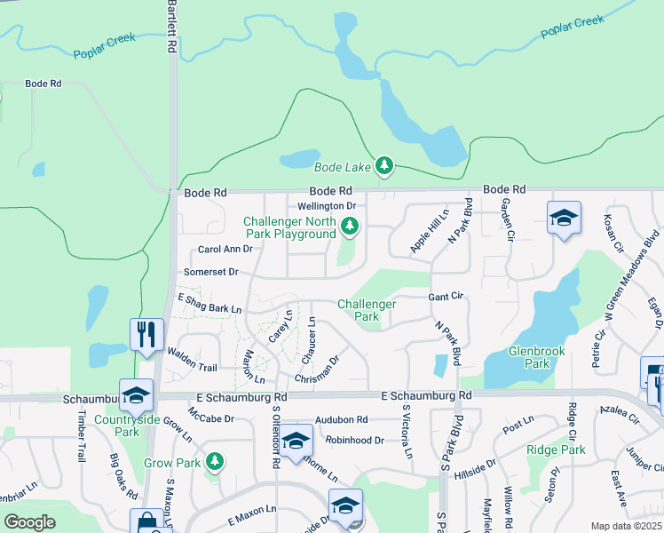 map of restaurants, bars, coffee shops, grocery stores, and more near 203 Plymouth Drive in Streamwood