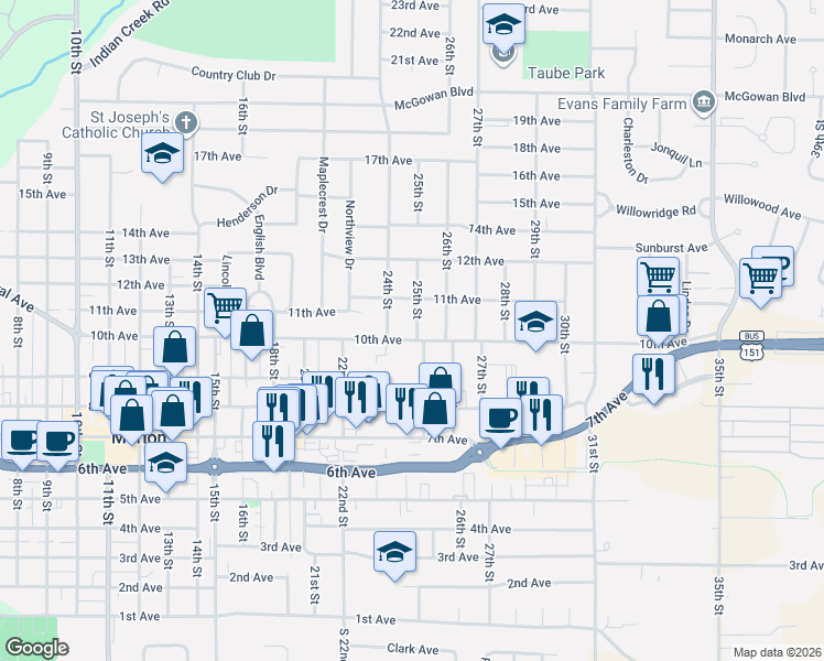 map of restaurants, bars, coffee shops, grocery stores, and more near 2405 10th Avenue in Marion