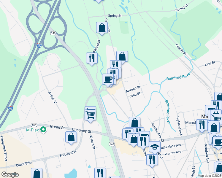 map of restaurants, bars, coffee shops, grocery stores, and more near 4 Foxborough Boulevard in Foxborough