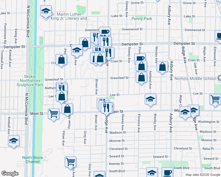 map of restaurants, bars, coffee shops, grocery stores, and more near 1007 Dodge Avenue in Evanston
